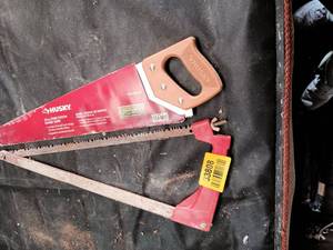 lot 33808 image: 20 Fine Tooth Red-bladed panel handsaw and a compact red-framed utility saw.