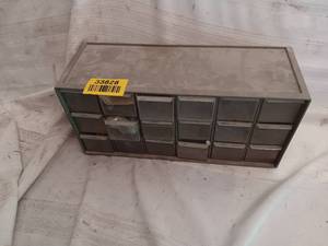 lot 33828 image: Small-parts storage cabinet with multiple small drawers, used for organizing hardware like nuts and bolts