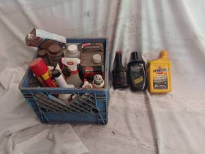 lot 33831 image: Crate of Automotive Fluids Pennzoil Power Steering Fluid. Along with Lighter Fuel, Paint thinner, and M-1 Romover