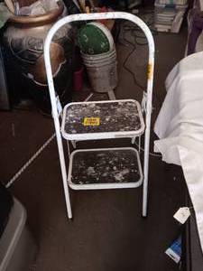 lot 33840 image: White metal folding two-step ladderstep stool