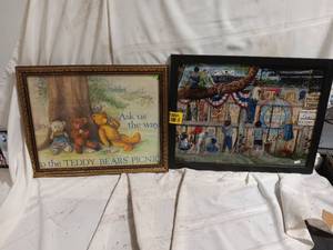 lot 33855 image: Two framed decorative pictures one on the left featuring teddy bears in a woodland scene, one on the right depicting children in a community setting