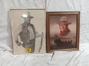 lot 33856 image: Two framed decorative wall art prints featuring the iconic actor John Wayne in western attire