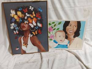 lot 33861 image: Framed canvas wall art features a striking portrait of a woman with a vibrant array of colorful butterflies forming her hairstyle. Along with a Mom and child Painting