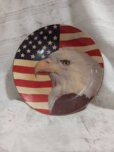 lot 33866 image: Round patriotic decorative accent or coaster featuring a bald eagle layered over an American flag
