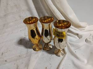 lot 33893 image: Set of 3 vintage Church Street Station souvenir glassgoblet from Orlando, Florida, featuring metallic gold or amber coloration and printed branding