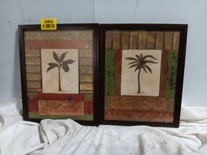 lot 33895 image: Set of two Classy Art Verdant Palmway framed wall art pieces featuring solitary palm trees centered against textured, earthy-toned block backgrounds