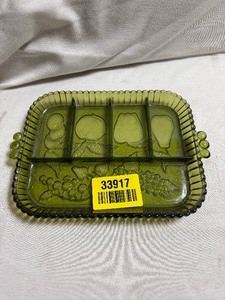 lot 33917 image: INDIANA Glass Olive Green Divided Serving Fruit Dish.