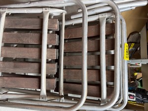 lot 33925 image: Vintage Aluminum & wooden Outdoor Folding Chairs.