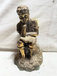 lot 33927 image: Boy Reading Book Thinking - Bronze Statue Sculpture.