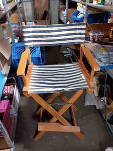 Vintage Wooden Folding Director's Chair - White & Blue Stripes.