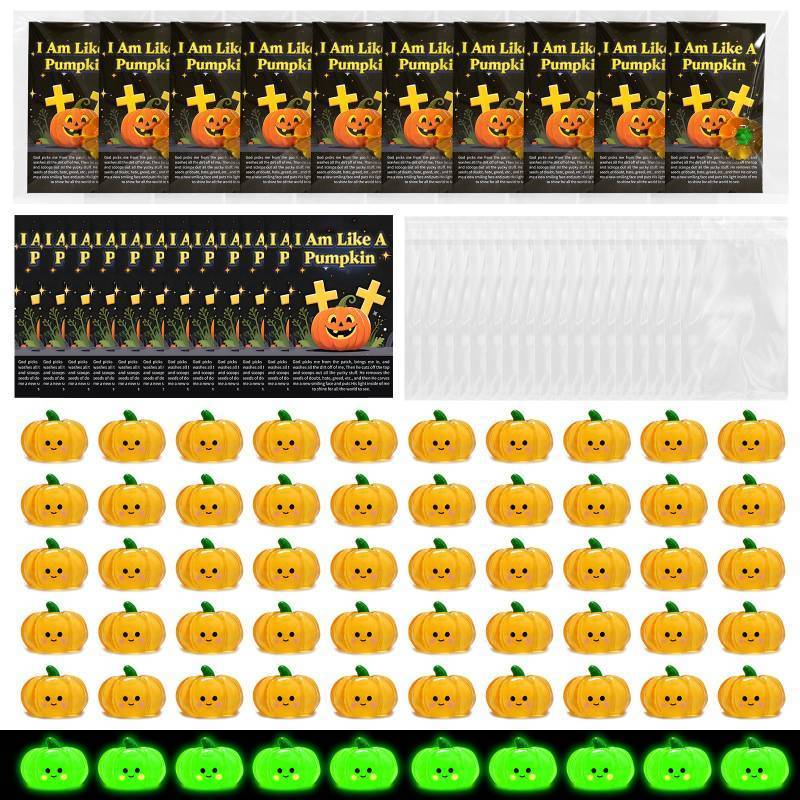 lot 18071 image: 60 Set Christian Halloween Favors I Am Like a Pumpkin Party Favors Include Mini Resin Halloween Luminous Pumpkin with Religious Bible Verse Prayer Card for Adult Sunday Church Baptism (missing bag) - Retail $20