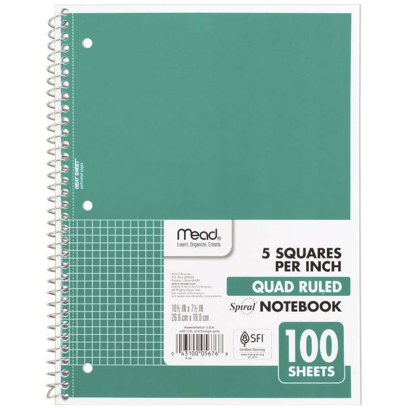 lot 18120 image: Mead Spiral Notebook, 1 Subject, Graph Ruled Paper, 7-12 x 10-12, 100 Sheets, Green (05676AC5) - Retail $5