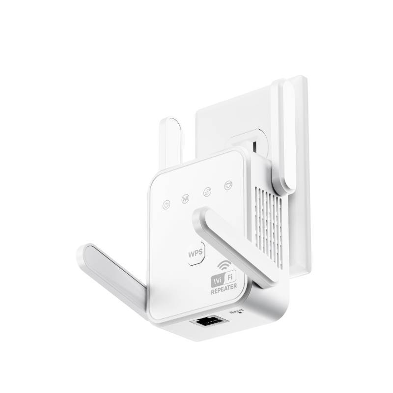 lot 18147 image: 1200Mbps WiFi Extender Signal Booster for Home, Dual Band 5GHz2.4GHz Wireless Internet Repeater with 4 External Antennas, Covers Up to 3600 Sq.ft & Supports 80 Devices, AP Mode with Ethernet Port - Retail $82