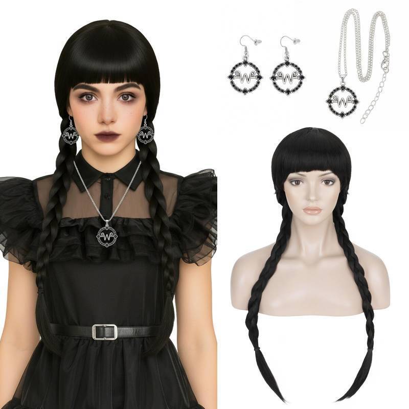 lot 18183 image: Long Black Braided Wig With Bangs Wed, Black Wig for Party Costume Halloween Cosplays, Halloween costumes for Women (messy hair) - Retail $10
