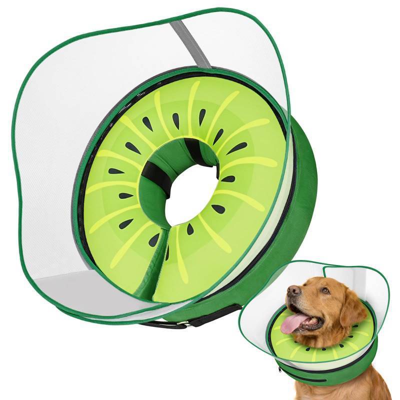 lot 18227 image: Raised Inflatable Dog Cone After Surgery - Adjustable Recovery Donut Collar with Removable Shield to Stop Licking Wounds & Protect Stitches - Soft Dog Cone Alternative for Large Dogs (Kiwi,XL) - Retail $30