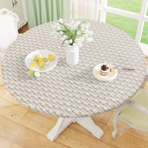 lot 73574 image: Round Fitted Tablecloth with Elastic Edge, 100% Waterproof Oil Proof Plastic Table Cover, Vinyl Flannel Backed Tablecloth Fits 45-56 Round Tables for Dinner, Outdoor, Picnic, Weave - Retail $19