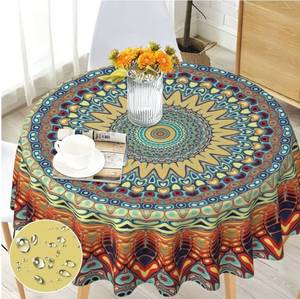 lot 73589 image: Boho Round Tablecloth 60 inch Orange, Waterproof, Stain ResistanceWashable Bohemian Circle Table Cloth Cover for Dining Kitchen Party Farmhouse Indoor Outdoor, Polyester, 4-6 Seats - Retail $17