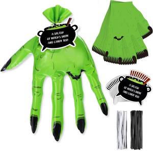 lot 73603 image: 50 Pcs Halloween Treat Bags Goodie Bags Witch Hand Shaped Candy Bag with Twist Ties Brew Cauldron Card, Snack Cookie Bag for Halloween Party Favors Supplies(Green) - Retail $12