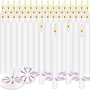 lot 73621 image: 100 Pack 5 Inch White Taper Candles with Drip Protectors, Unscented Bulk Christmas Advent Church Candles for Spell Ritual, Prayer Altar Decor, Wicca Shabbat, Meditation Vigil Candle Holders - Retail $16