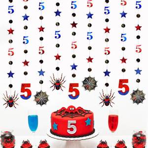 lot 73623 image: 42Ft Spider 5th Birthday Party Decorations Red Blue Stars and Black Spider Web Garland Streamer for Boys 5th Cartoon Spiders Birthday Super Heros Cartoon Bday Party Decor Supplies - Retail $13