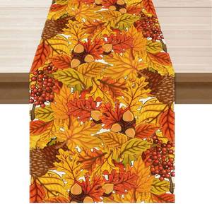 lot 73636 image: Fall Maple Leaves Pinecone Table Runner Table Decoration for Kitchen Dining Dinner Autumn Home Decor 13x48 Inch - Retail $10