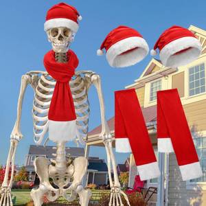 lot 73638 image: 4 Pcs 12 ft Skeleton Santa Hats and Scarves Giant Skeleton Costume Accessories Clothes for Christmas Decoration(Long Plush) - Retail $21