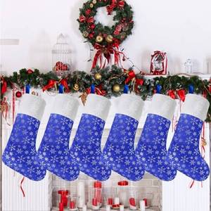 lot 73639 image: Christmas Large Stockings, 6pcs 18 Inches Tall Glitter Silver Snowflake Blue Print with Plush Cuff Classic Stocking Decorations for Xmas Festive Gifts Home Fireplace Decor - Retail $17
