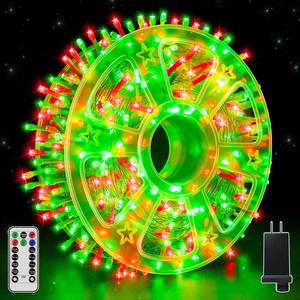 lot 73646 image: Christmas Lights 600 LED 98FT, Waterproof Outdoor String Lights with Remote and Timer, 8 Modes Dimmable Fairy Lights for Indoor Outdoor Wedding Party Holiday Decorations (Red and Green) - Retail $27