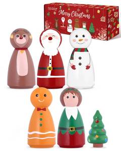 lot 73656 image: 6pcs Christmas Peg Dolls Wooden Toys Playset Santa Reindeer Xmas Tree Elf Snowman Gingerbread Man Gift Home Decoration Accessories Activity Fun Miniature Figures for Small World Play - Retail $16