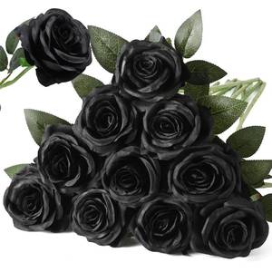 lot 73660 image: 10pcs Black Roses Artificial Flowers, Realistic Faux Rose with Long Stem - Retail $16