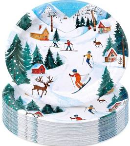lot 73683 image: 50 Pcs Winter Skiing circle Paper Plates Christmas Ski Large 79 Disposable Winter Snow Plates Decorations Platter for Holiday Home Tableware Party Supplies - Retail $19