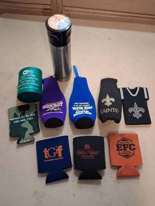 lot 22 image: Thermos Beverage Bottle with 8 Assorted Promotional Koozies Lot