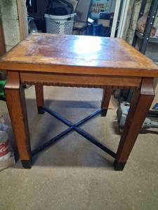 lot 52 image: Wooden Dining Table with Decorative Inlay Top and X-Frame Base