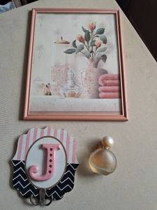 lot 86 image: Framed Wall Art Print with Decorative Letter J Wall Hook and Perfume Bottle