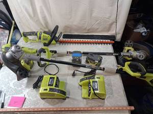 lot 98 image: Ryobi 18V Cordless Tool Lot Hedge Trimmer Angle Grinder Batteries Chargers