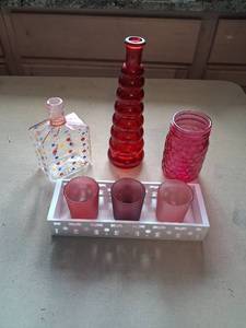 lot 127 image: Red Glass Glassware Set with Tray, Bottles and Cups 8-Piece