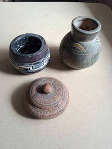 lot 180 image: Lot of 3 Decorative Ceramic Vessels with Carved Details