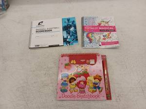 lot 21153 image: 3 Pack, Spiral Bound Sketchbooks & Scorebook with Pen & Stickers