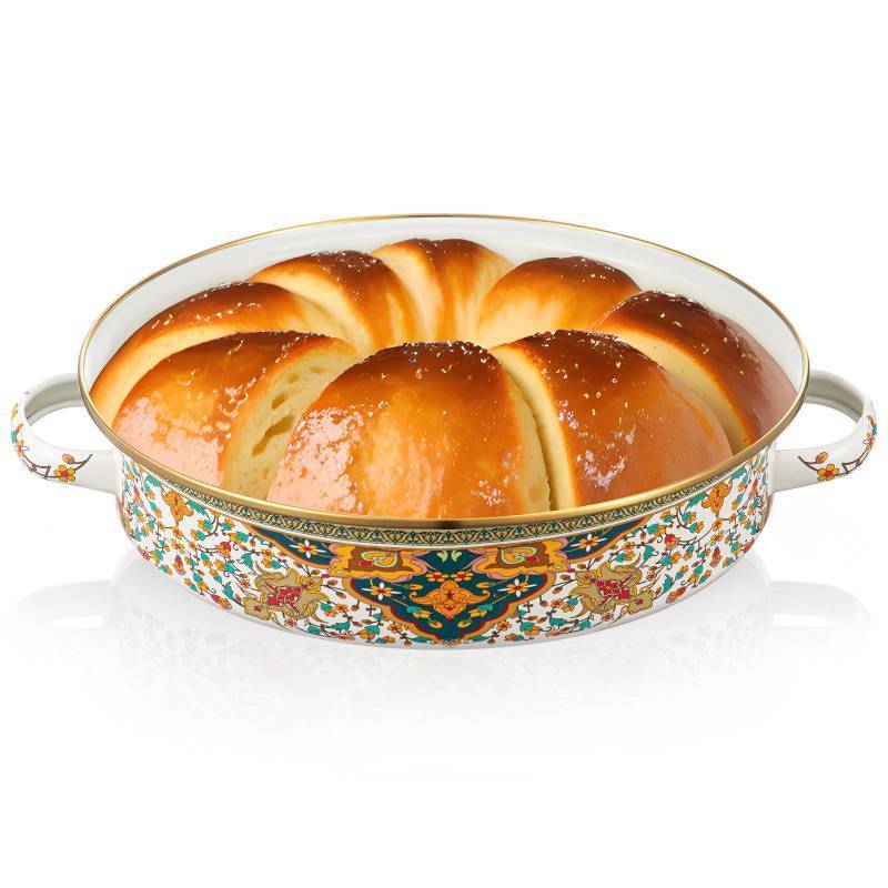 lot 63875 image: 11 Inch Enamel Pie Pan Vintage Floral Baking Dish, Non-stick Oven and Dishwasher Safe for Turkey, Pizza and Desserts Gift Wedding Gift for Wife and Mother Bride Baking Dish(Retro Style) - Retail $23