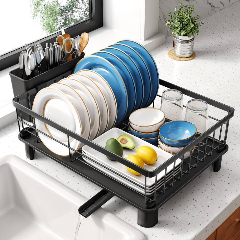 lot 63949 image: Dish Drying Rack - Space-Saving Dish Rack for Kitchen Counter, Stainless Steel Dish Drainer with Utensil Holder and Drainboard, 11 W x 15 L (Black) - Retail $23