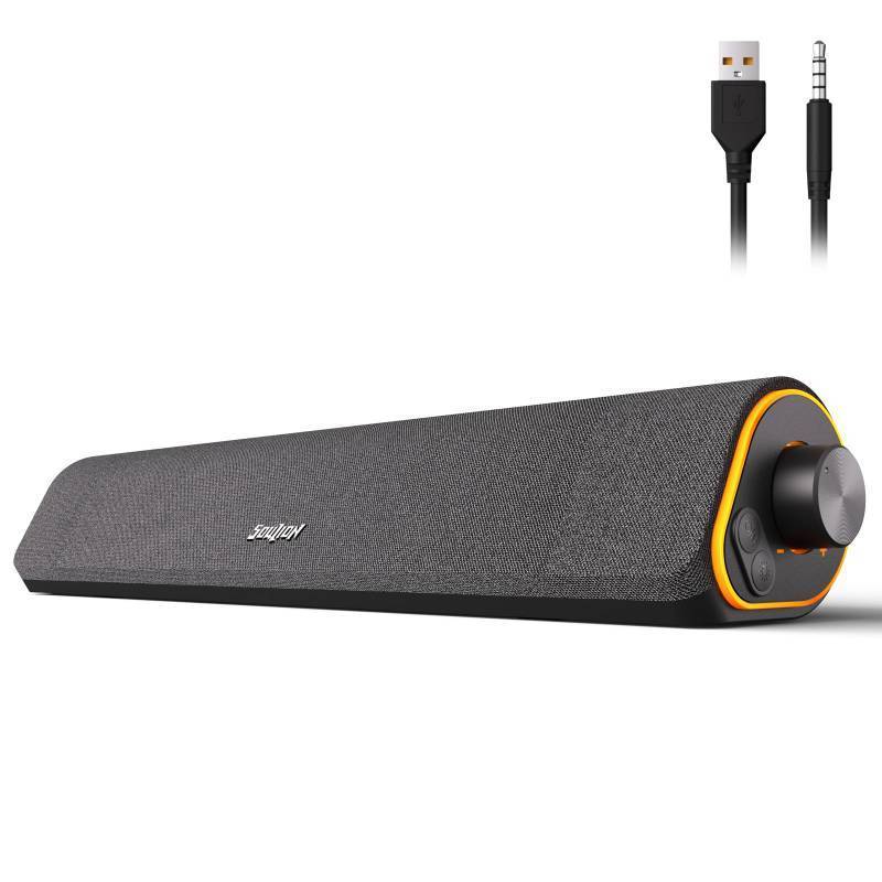 lot 63965 image: R50 Bluetooth Computer Speakers, 3.5mm PC Sound Bar for Desktop Monitor, Wired USB Powered & Colorful LED Lights with Switch Button, Surround Sound Soundbar PC Spearkers for Computer - Retail $22