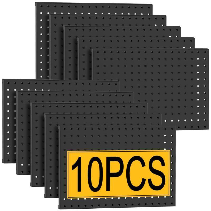 lot 64002 image: 10 Pcs Metal Pegboard Panels, Heavy Duty Peg Boards for Garage and Garden Tool Storage, Includes Drywall Anchors and Screws Kits, Black (10 pcs 16in x 12in) - Retail $69