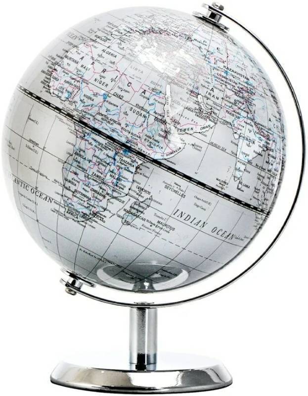 lot 27876 image: 5.5 World Globe Silver - English Map - Mini Globe EducationalGeographic - Stainless Steel Arc and Base - Silver Grey - Retail $30