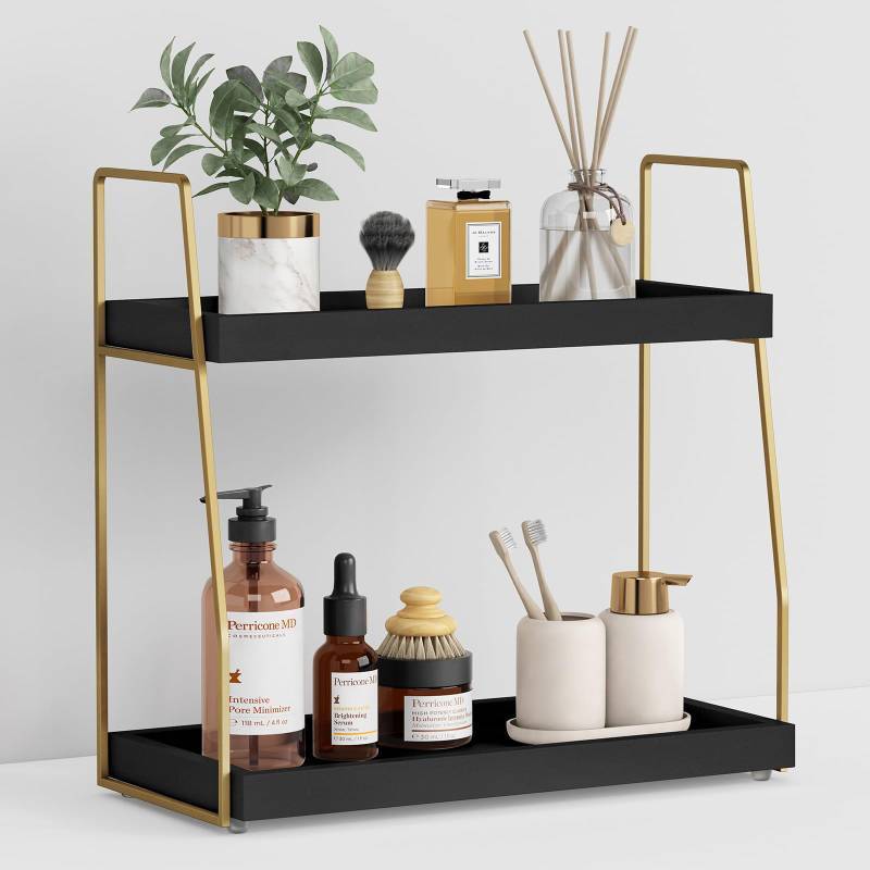 lot 28736 image: Black and Gold Bathroom Organizer Countertop, 2 Tier Counter Organizer for Bathroom Decor, Modern Sink Shelf Organizers for Vanity Storage, Make upTray for Makeup Bedroom - Retail $28