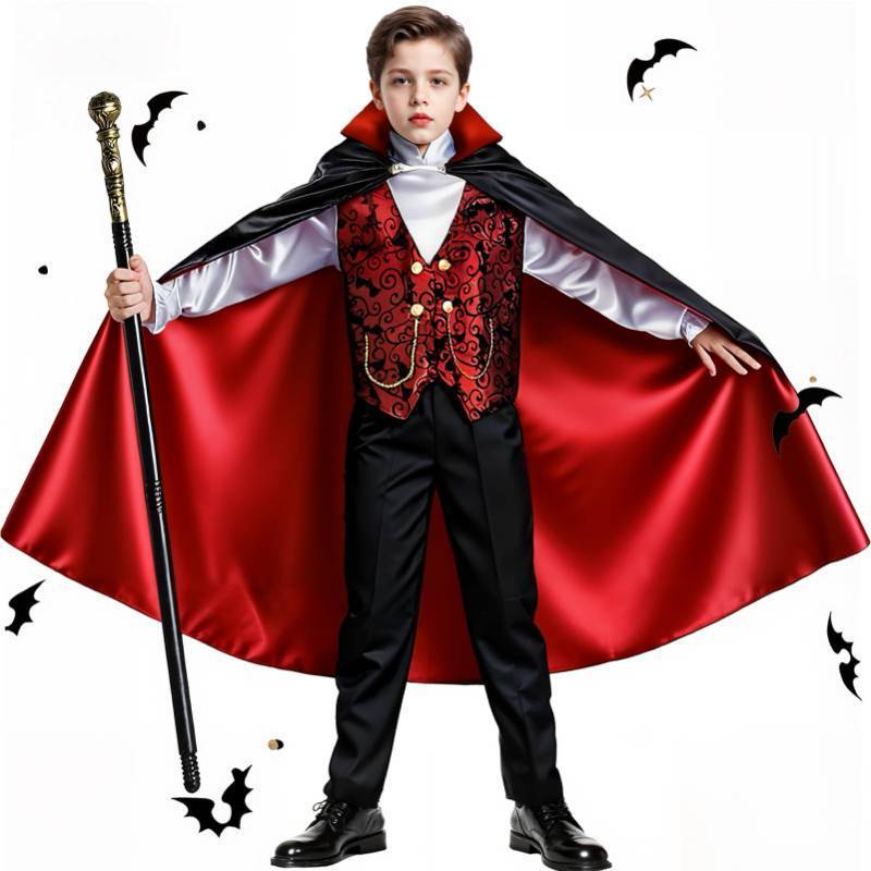 lot 64123 image: Boys Vampire Costume Set, Halloween Party Vampire Cosplay Outfit with Cape, Shirt, Pants & Cane, kids dracula costume (M(6-9Y, 51-59)) - Retail $30
