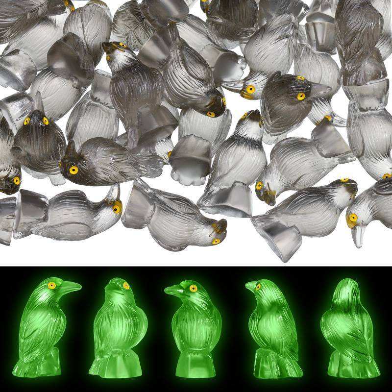 lot 64141 image: 50 Pcs Halloween Miniature Crows Decor Luminous Mini Resin Crows Figurines Glow in The Dark Raven Decor Small Resin Animals Figures for Halloween Spooky Micro Landscape Party Table - Retail $13