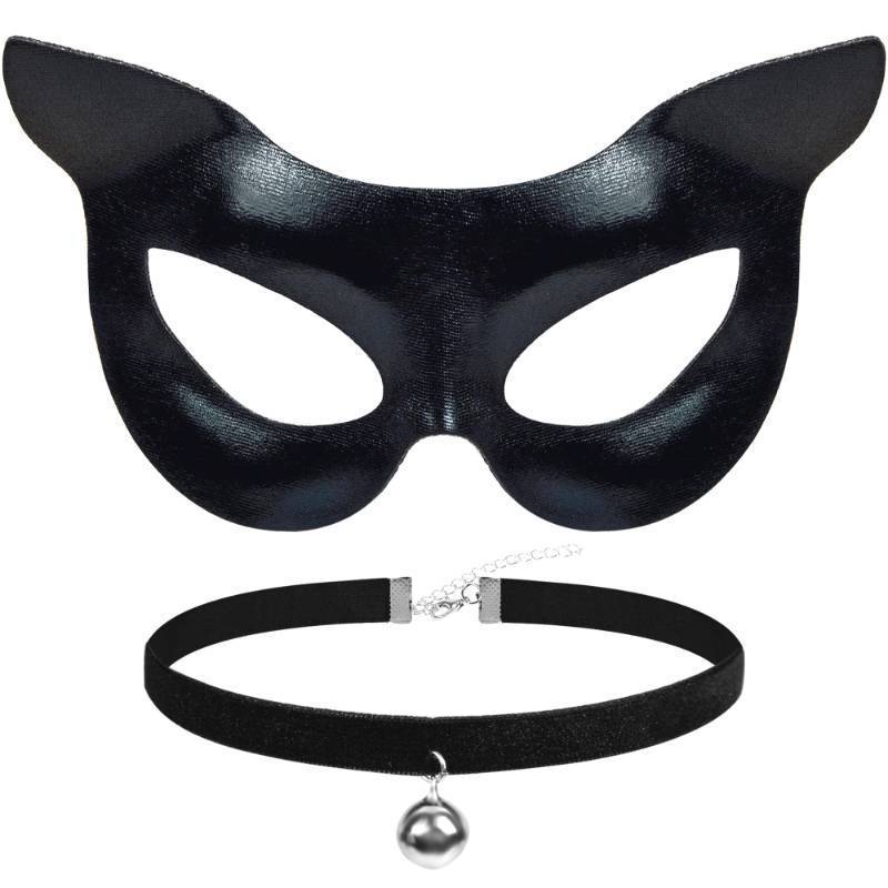 lot 64147 image: Womens cat Costume Cat Mask and Collar Set, Women��s Cat Costume Accessories for Adults, Cat Ears Half Face Masquerade Mask & Choker Black Eye Mask for Woman Halloween Animal Cat Cosplay Costume - Retail $10