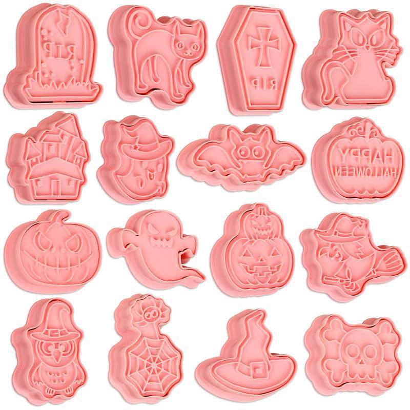 lot 64160 image: 16 Pcs Halloween Cookie Cutters, 3D Cookie Cutter with Plunger Stamp - Retail $10