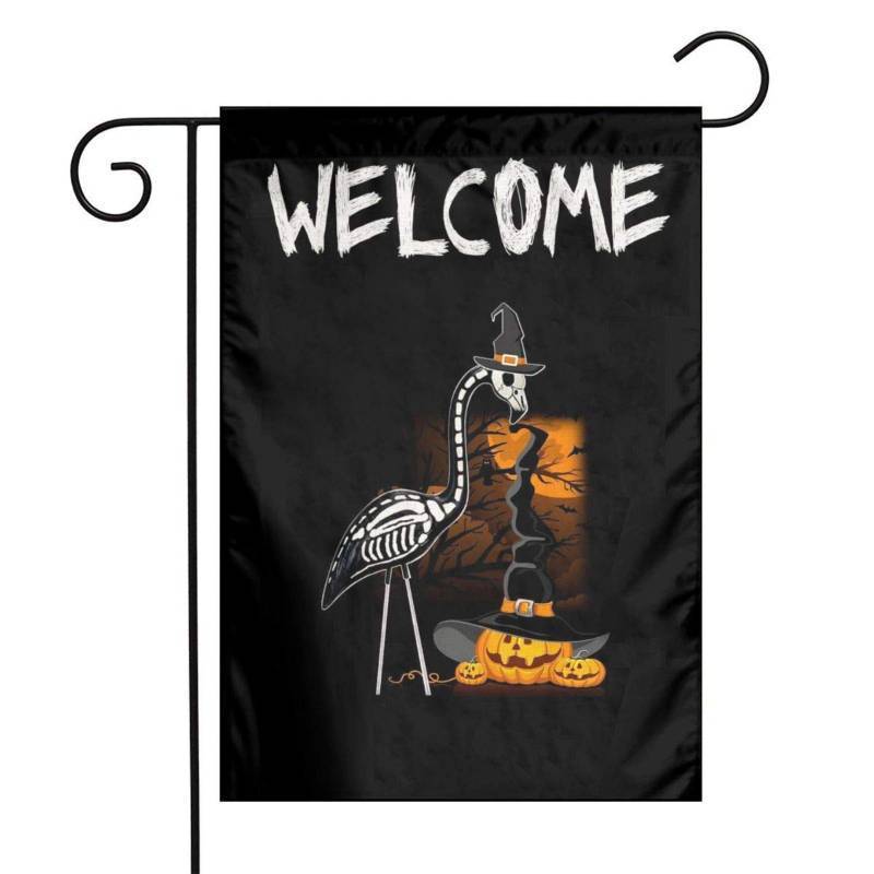 lot 18165 image: Halloween Witch Flamingo Pumpkin Skeleton Burlap Garden Porch Lawn Flag Farmhouse Decorations Mailbox Decor Welcome Sign 12x18 Inch Small Mini Size Double Sided Flax Nylon Linen Fabric - Retail $11