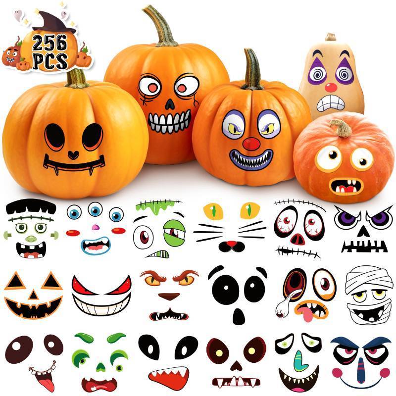lot 18166 image: 256 PCS Pumpkin Decorating Stickers - Halloween Pumpkin Face Stickers for Toddlers & Kids, Halloween Decorating Kit, Game & Activities Party Favors - Retail $8